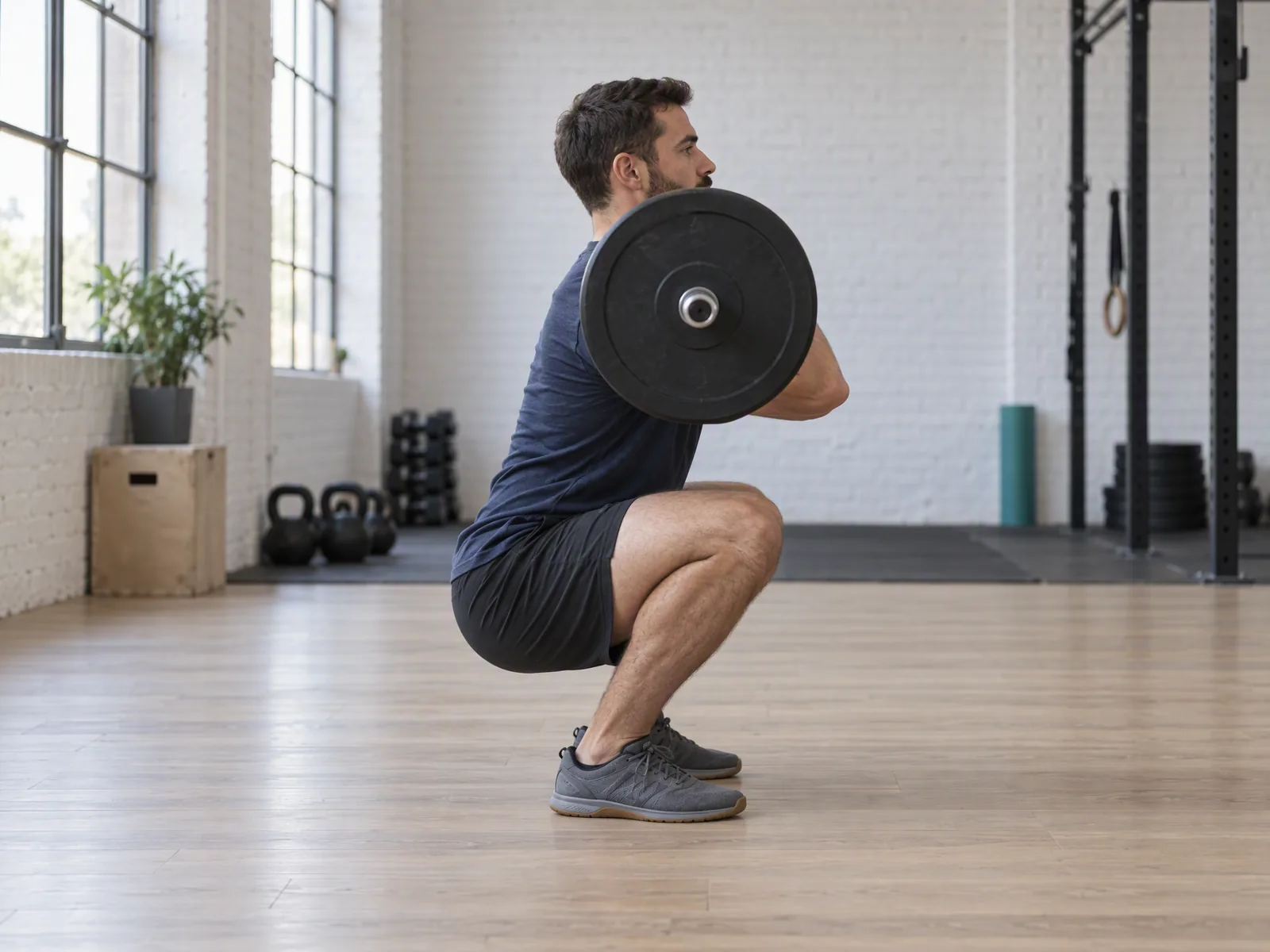 Front squat w dolnej pozycji, widok z boku: sztanga na przodzie barków, łokcie wysoko, tułów pionowo, biodra poniżej kolan