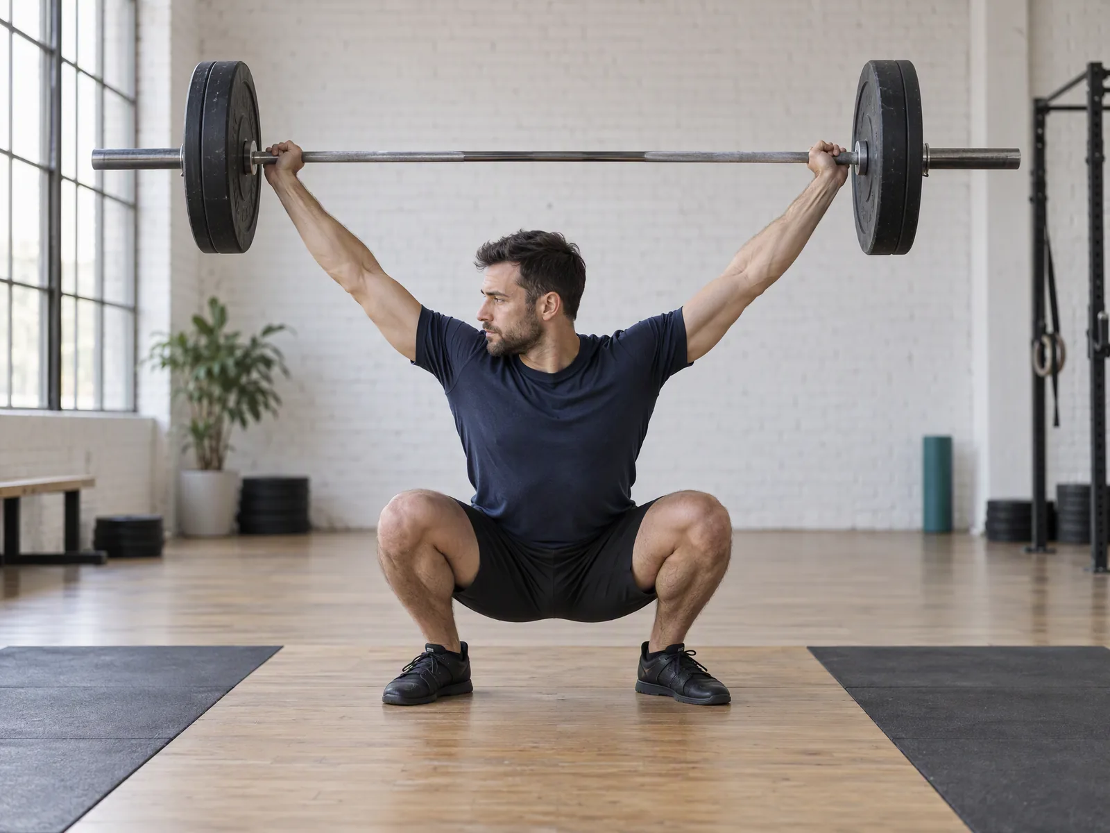 Snatch balance: sztanga nad głową na prostych rękach w pełnym przysiadzie