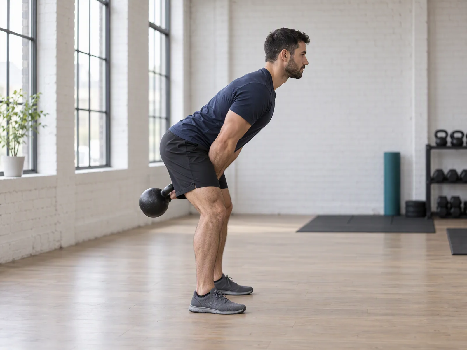 Swing kettlebell w fazie zamachu: odważnik wysoko między udami, biodra cofnięte, plecy neutralne