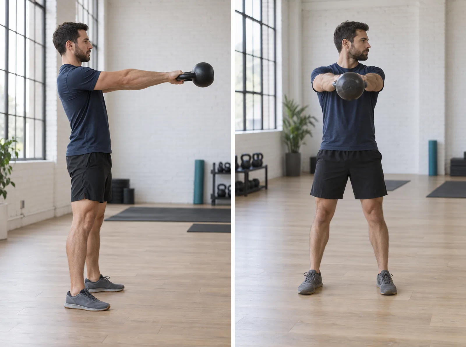 Swing kettlebell w pozycji górnej: pełny wyprost bioder, odważnik na wysokości klatki, widok z boku i z przodu