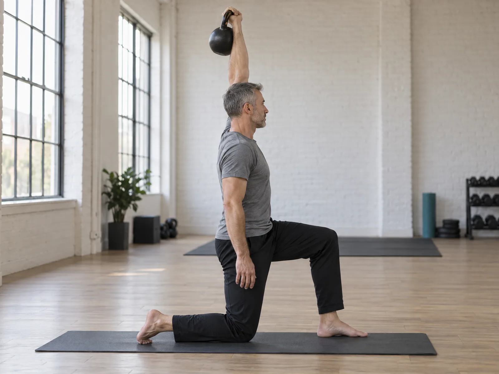 Tureckie wstawanie – klęk jednonóż z kettlebell nad głową na wyprostowanej ręce