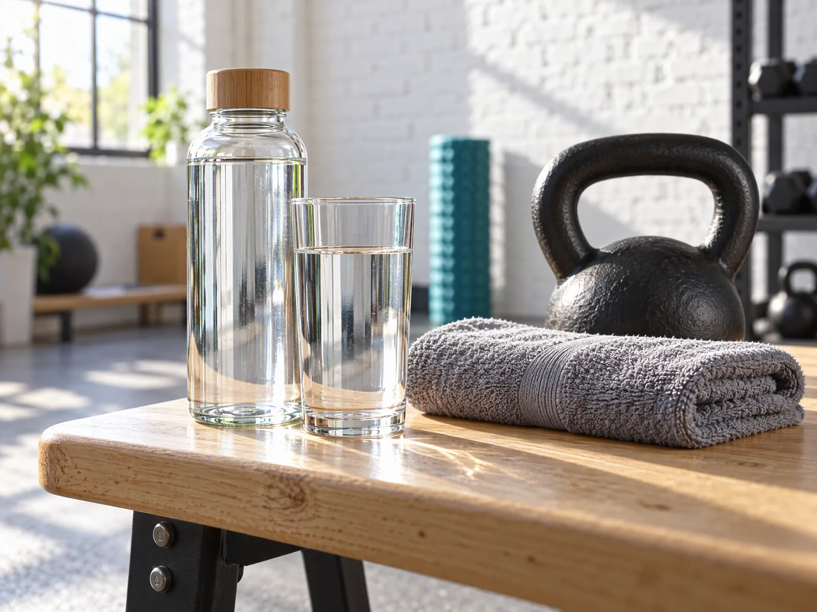 Szklana butelka i szklanka wody na ławce treningowej obok ręcznika i kettlebell