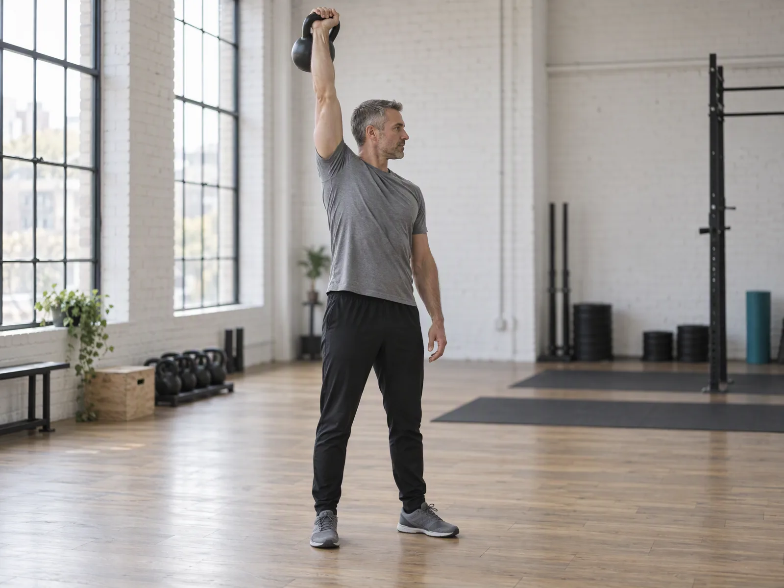 Wyciskanie kettlebell nad głowę jedną ręką w płaszczyźnie łopatki, widok z przodu