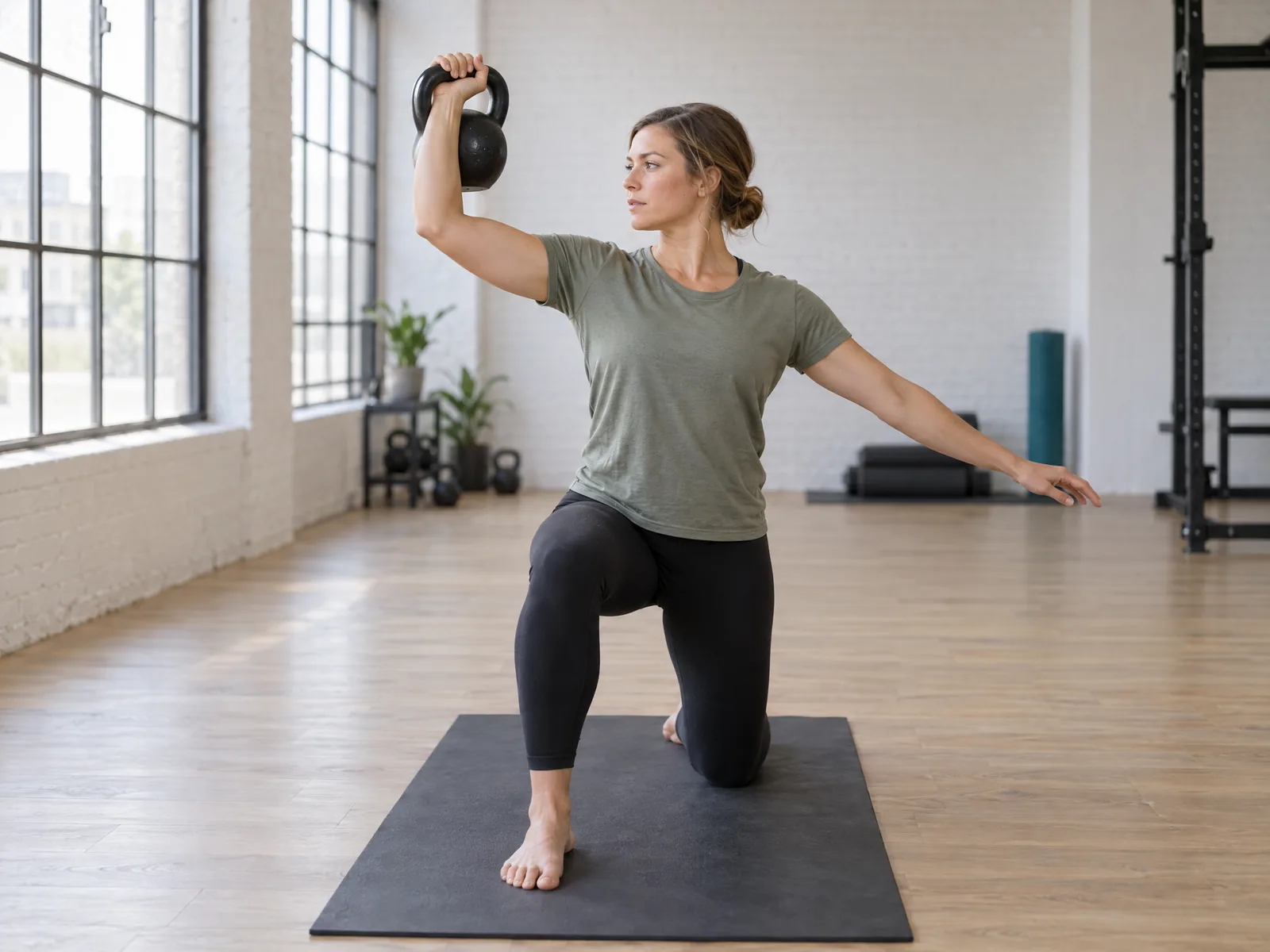 Wyciskanie kettlebell nad głowę w klęku jednonóż