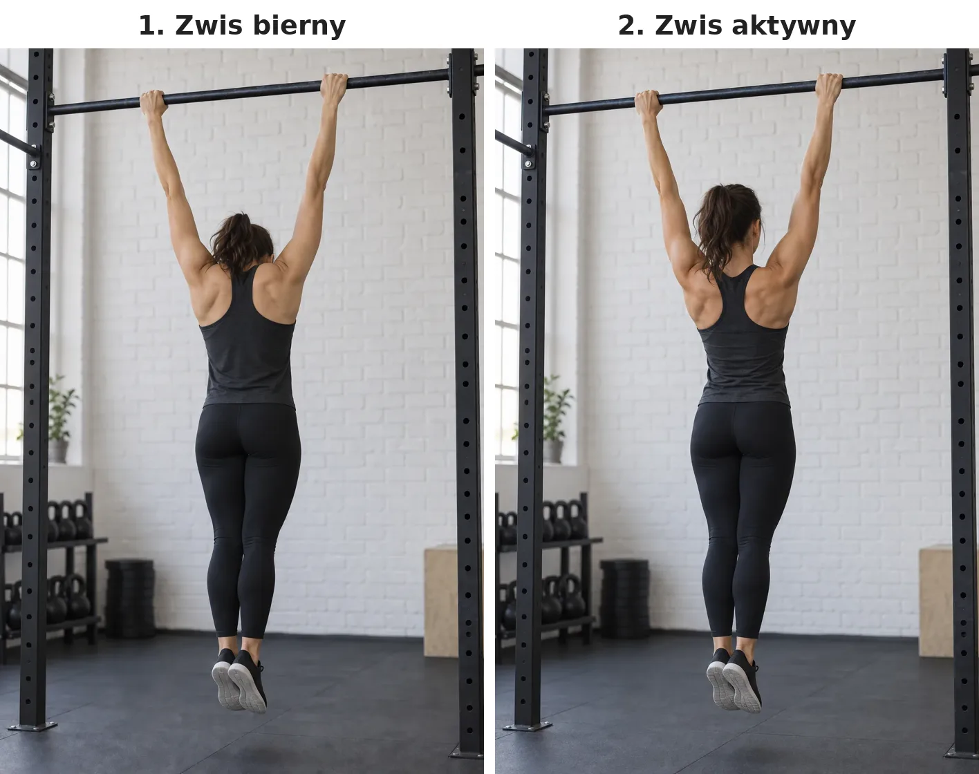Porównanie: 1. zwis bierny – barki przy uszach, głowa schowana; 2. zwis aktywny – łopatki obniżone, długa szyja